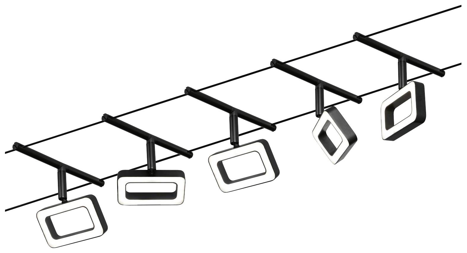 Päť čiernych nastaviteľných LED stropných svietidiel na priamej lište, obdĺžnikového tvaru, moderne a minimalisticky navrhnutých.