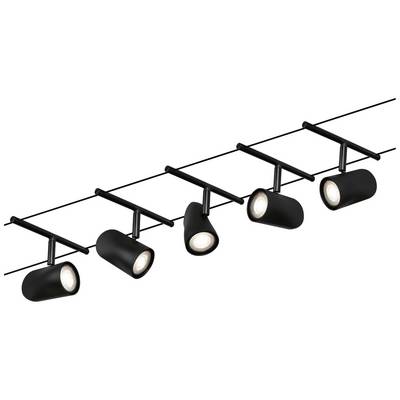 Čierna koľajnicová lampa s piatimi nastaviteľnými valcovými svetlometmi, vhodná na flexibilné osvetlenie interiérov.