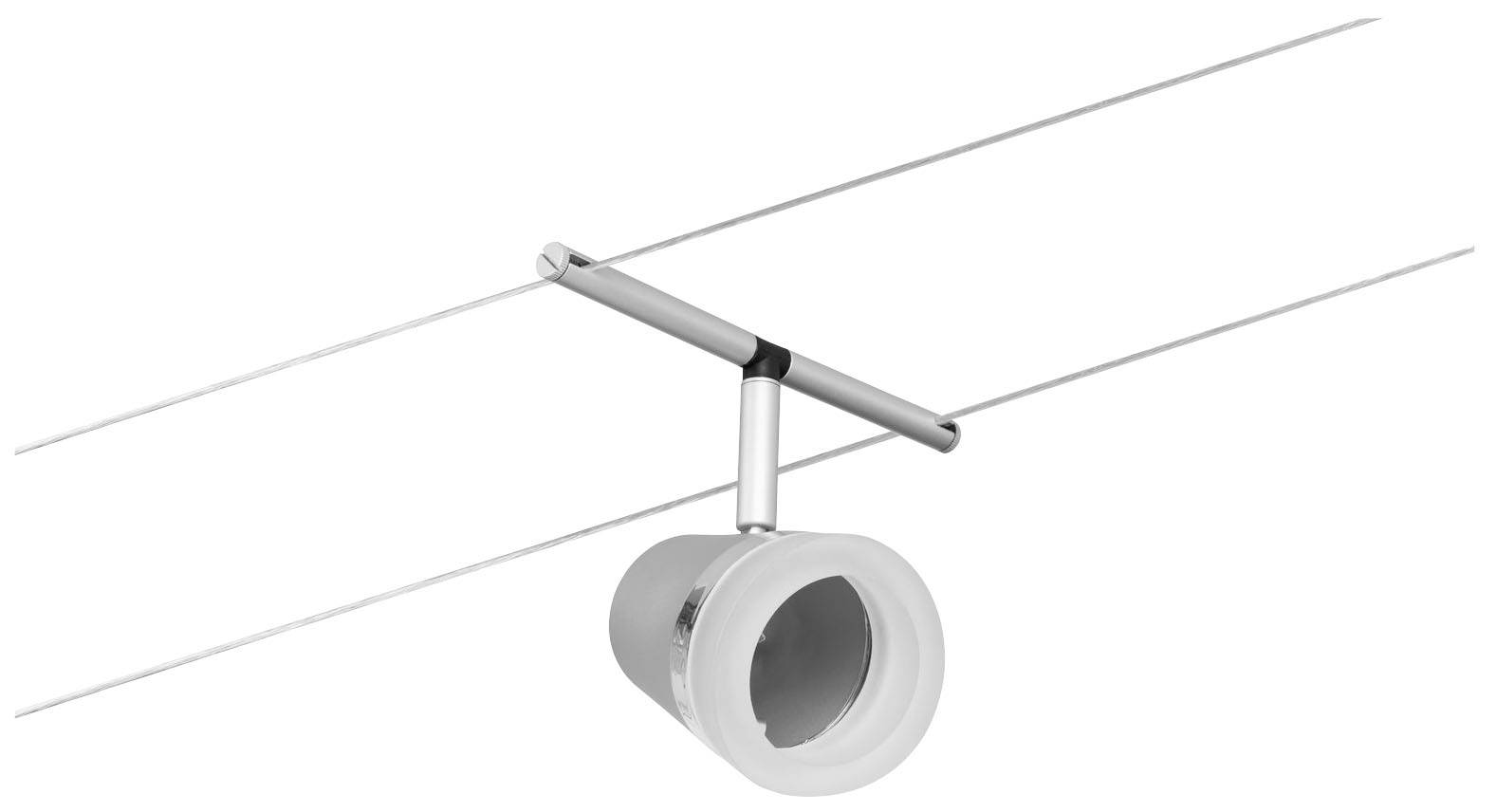 Obrázok moderného koľajnicového svetla s minimalistickým dizajnom, namontovaného na tenkom horizontálnom káblovom systéme. Vhodné pre cielené osvetlenie.