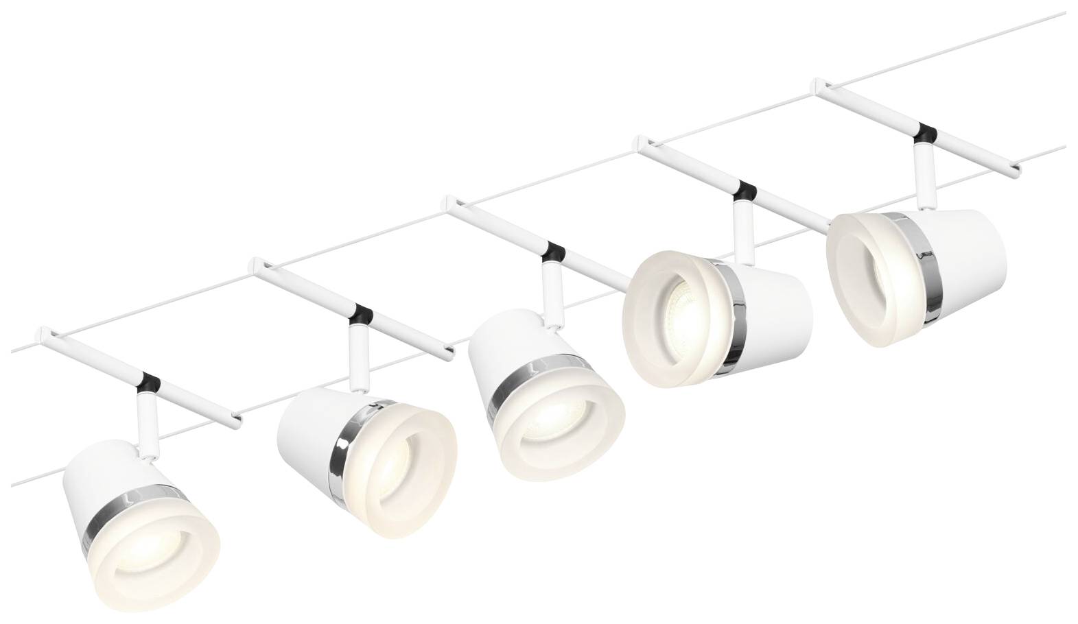 Moderná biela stropná lampa s piatimi nastaviteľnými bodovými svetlami na priamej lište. Ideálna na cielenú svetelnú atmosféru.