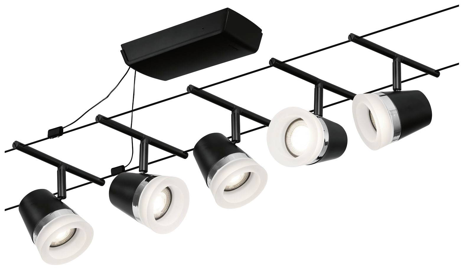 Moderná čierna koľajnicová lampa s piatimi nastaviteľnými bodovými svetlami, ideálna na akcentové osvetlenie.