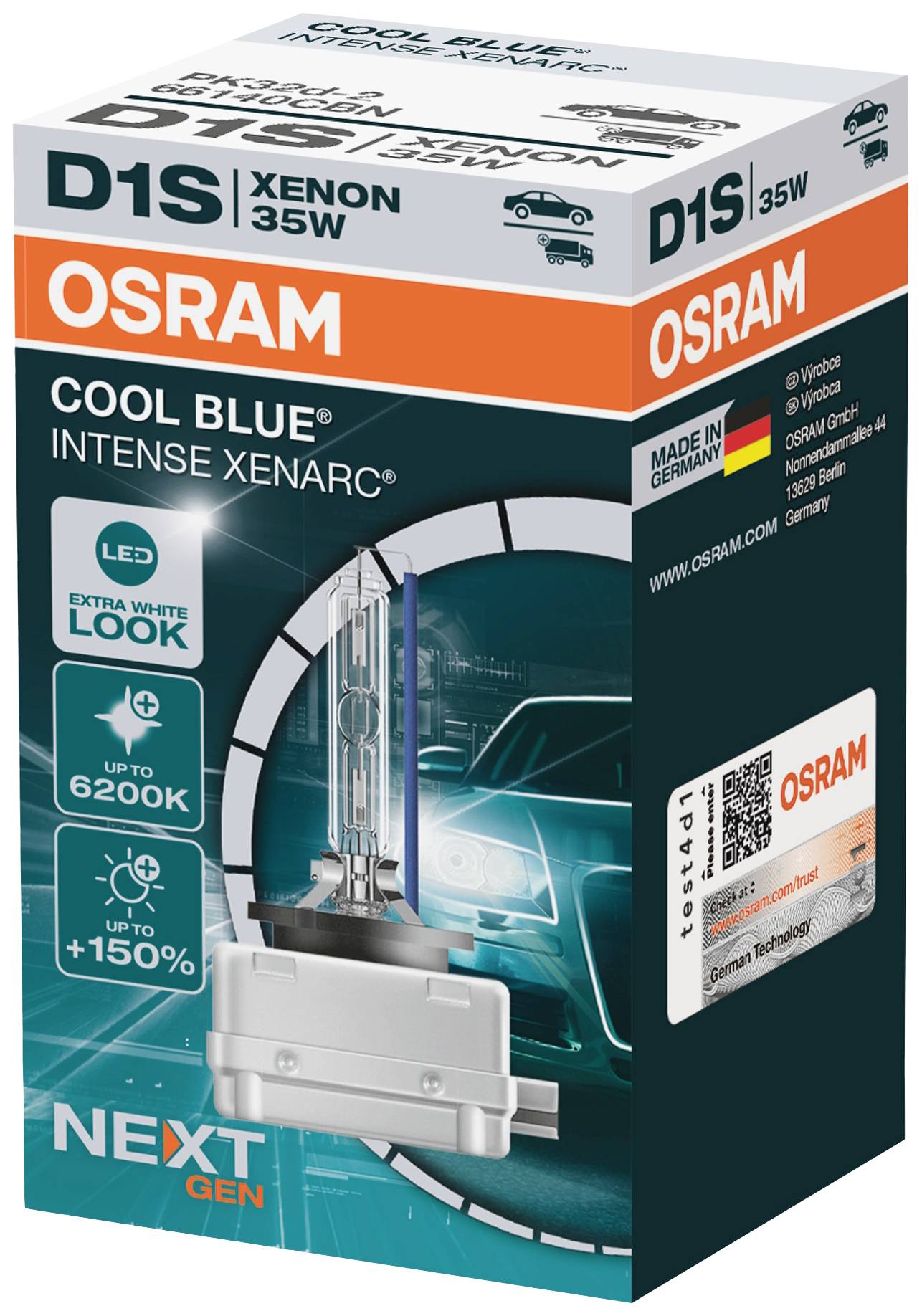 'OSRAM D1S Xenon 35W Cool Blue' autožiarovka v modrej krabičke, sľubuje 'extra biele svetlo' a '+150% svietivosti' pre automobilové svetlomety.