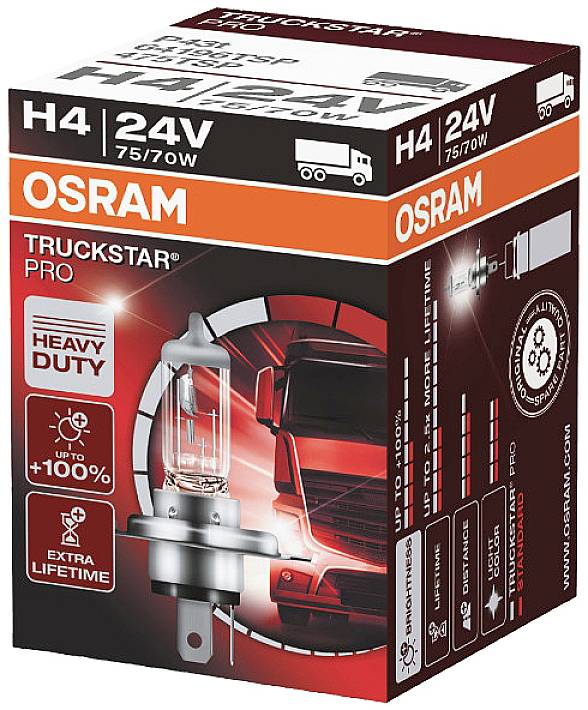 Balenie žiarovky Osram H4 24V 75/70W Truckstar Pro s informáciami o výdrži a svietivosti. Obrázok nákladného vozidla.