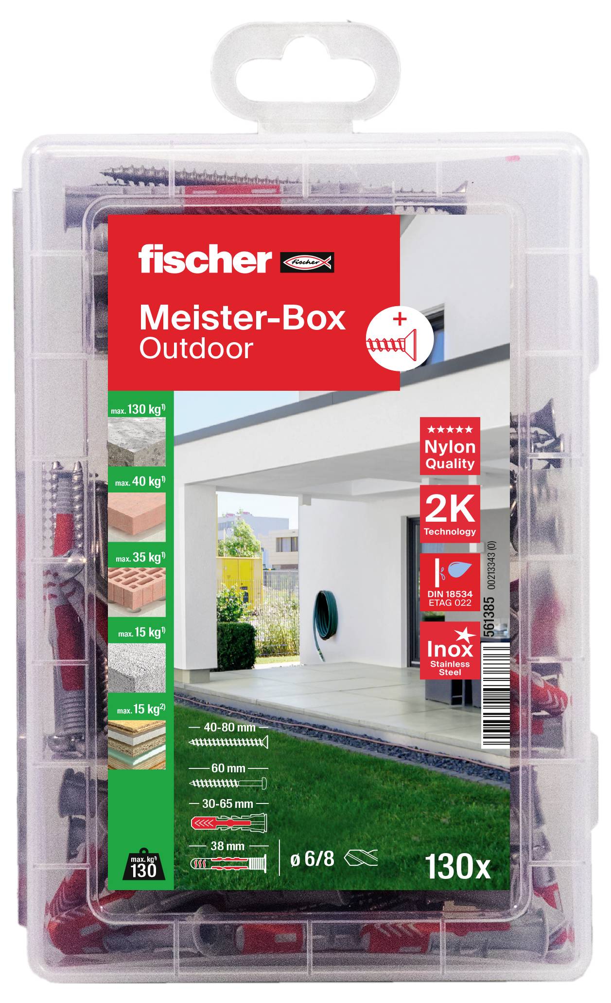 Priehľadný box od Fischera so skrutkami a hmoždinkami do exteriéru. Obsahuje technické údaje o nosnosti.