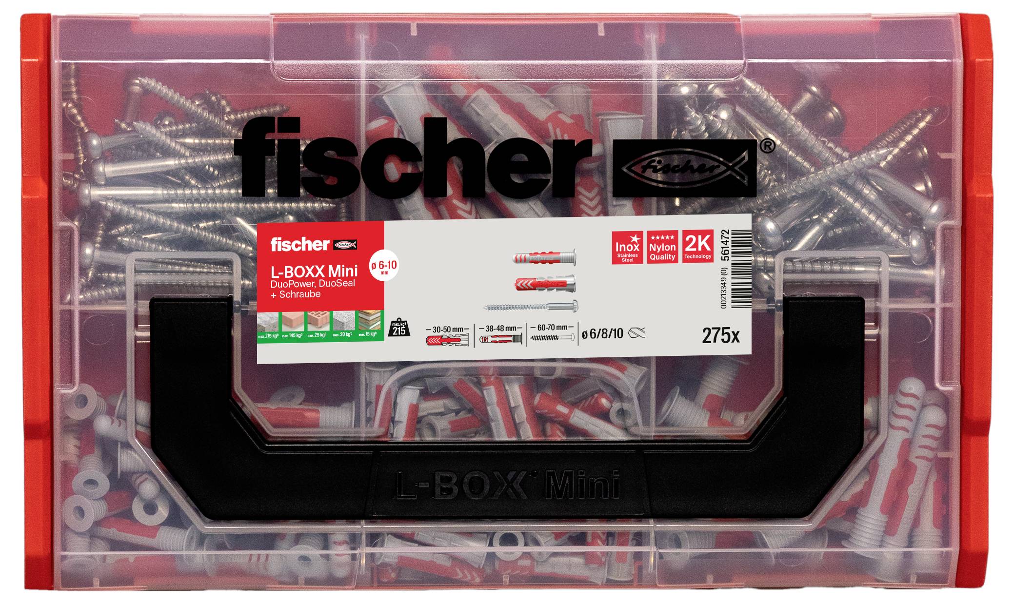 Úložný box Fischer s hmoždinkami a skrutkami, označený 'L-BOXX Mini'. Obsahuje 275 kusov, ideálny pre rôzne upevňovacie práce.
