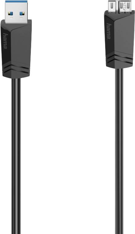 USB kábel od značky Hama s dvoma typmi konektorov: vľavo konektor USB-A, vpravo micro-B konektor pre prenos dát a nabíjanie.