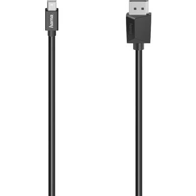 Čierne DisplayPort kábel od značky Hama s dvoma konektormi, veľkým a malým, vhodný pre počítačové pripojenia.