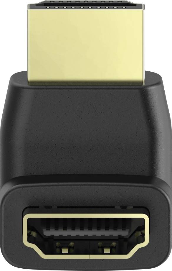 Detailný záber HDMI adaptéra s čiernym obalom a zlatými konektormi, ktoré sa používajú na prenos audio a video signálov.