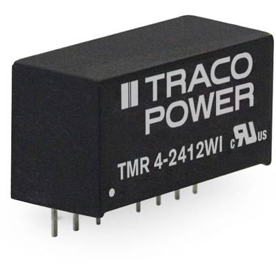 Elektronická súčiastka od Traco Power, model TMR 4-2412WI, čierne puzdro, viacero pripájacích pinov; napäťový menič.