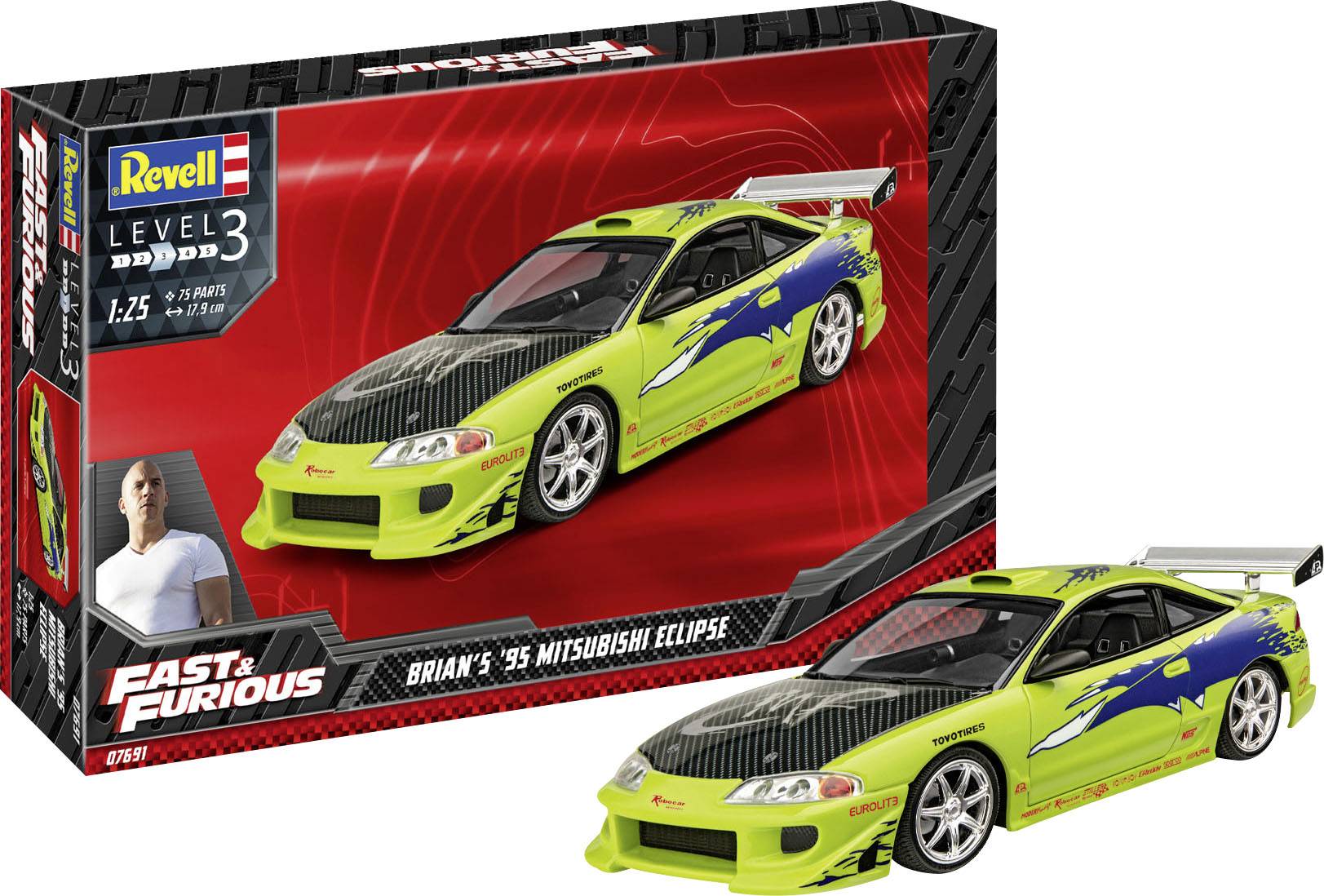 Model auta "Fast & Furious" pre Mitsubishi Eclipse z roku 1995, mierka 1:25, so zeleným lakom a modrými grafikami.