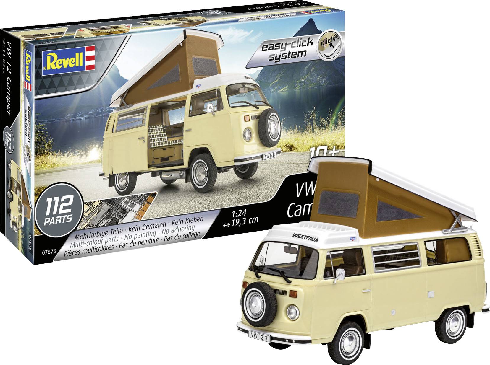 Balenie a model krémového VW campera so zdvíhacou strechou, stavebnica so 112 dielmi, vhodné pre deti od 10 rokov.