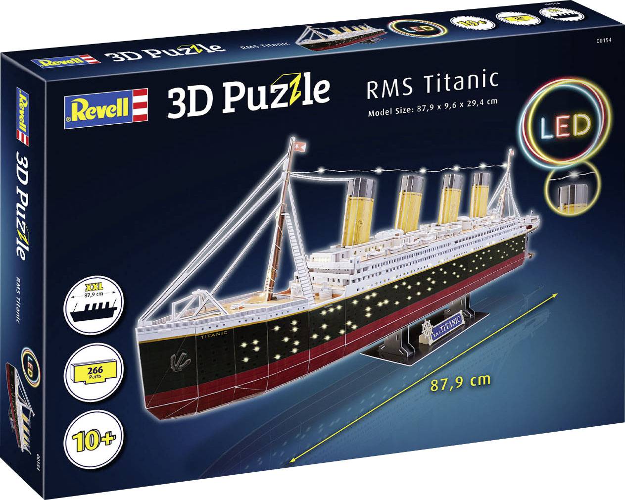 3D-puzzle RMS Titanic s LED svetlom. Veľkosť modelu: 87,9 x 9,6 x 29,4 cm. Vhodné pre deti od 10 rokov. Obsahuje 266 dielov.
