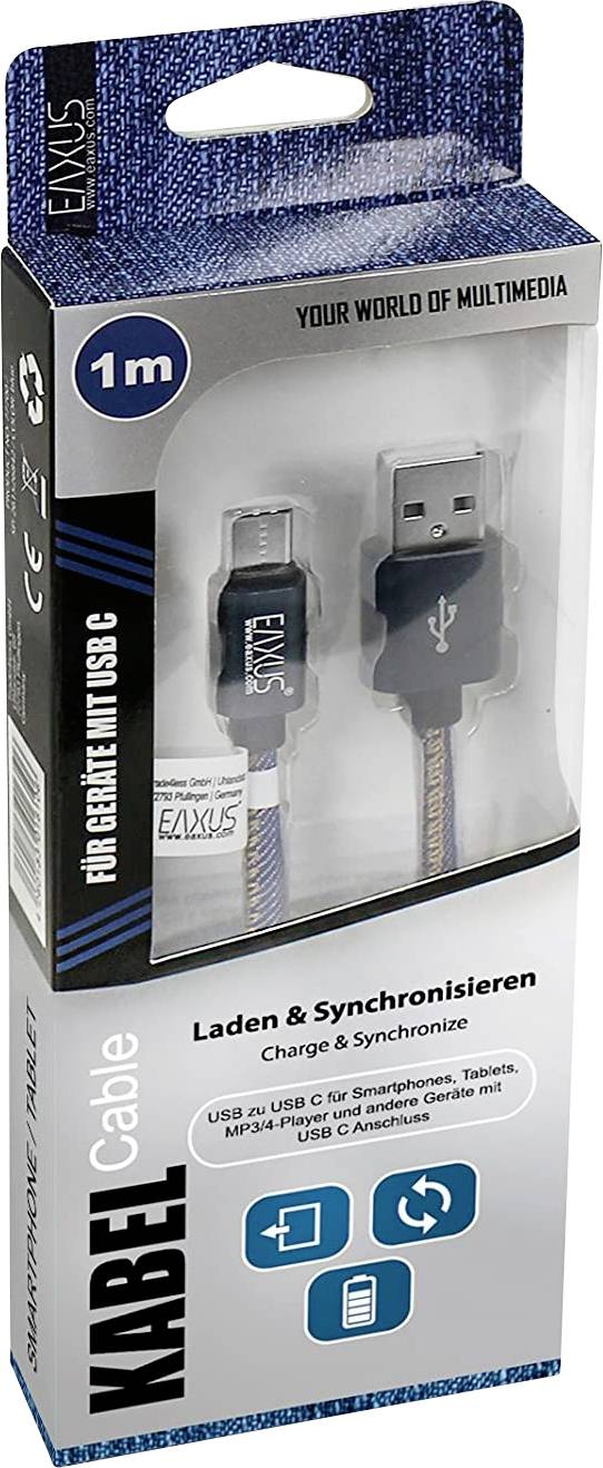 Balenie 1 m dlhého USB-C na USB-A nabíjacieho kábla od Exxus, vhodného pre smartfóny a tablety. Text: 'Nabíjanie & Synchronizácia'.