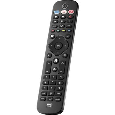 Čierne univerzálne diaľkové ovládanie s tlačidlami pre hlasitosť, prepínanie kanálov, hlavné menu a funkcie Smart TV.