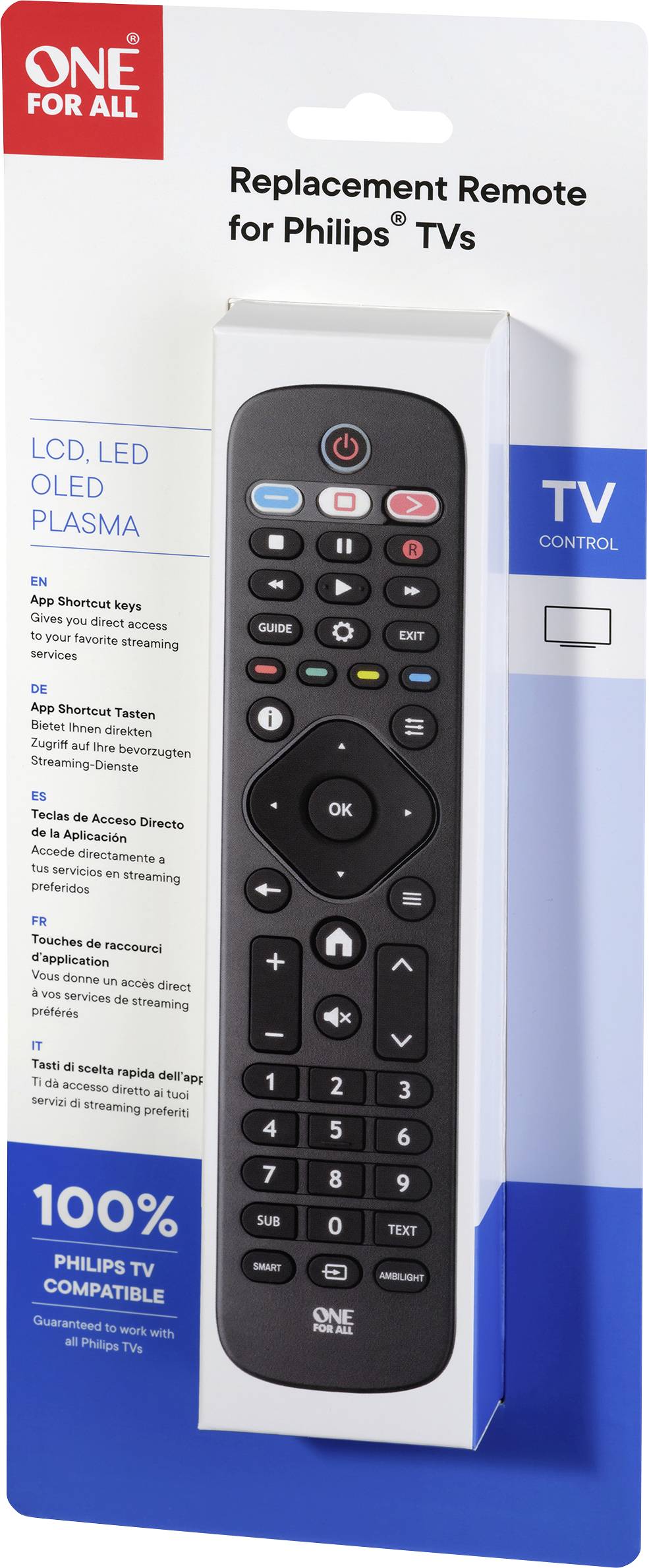 Diaľkový ovládač pre televízory Philips, kompatibilný s LCD, LED, OLED, Plasma. Balenie zobrazuje čierny diaľkový ovládač s farebnými tlačidlami.