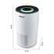 Biely čistič vzduchu s kontrolkami na vrchu. Rozmery: 35 cm výška, 22 cm priemer. Model 'LR 12'.
