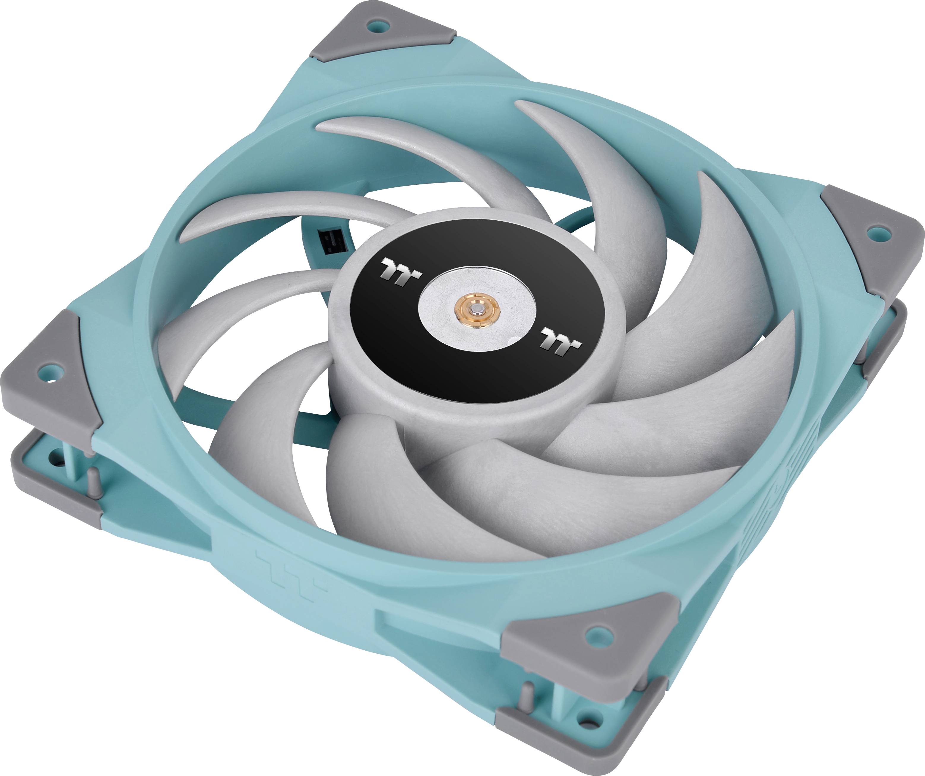 Tyrkysovo-sivý počítačový ventilátor s ôsmimi listami a štyrmi montážnymi rohmi, navrhnutý na chladenie v počítačoch.