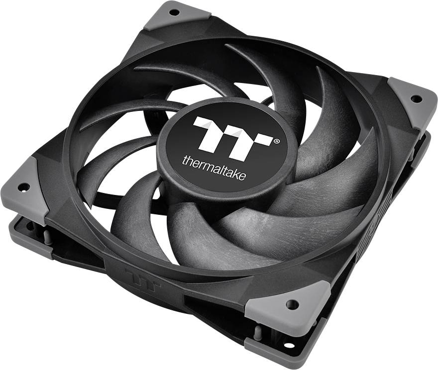 Čierny počítačový ventilátor so sivými rohmi a logom 'thermaltake' v strede, v štvorcovom dizajne.