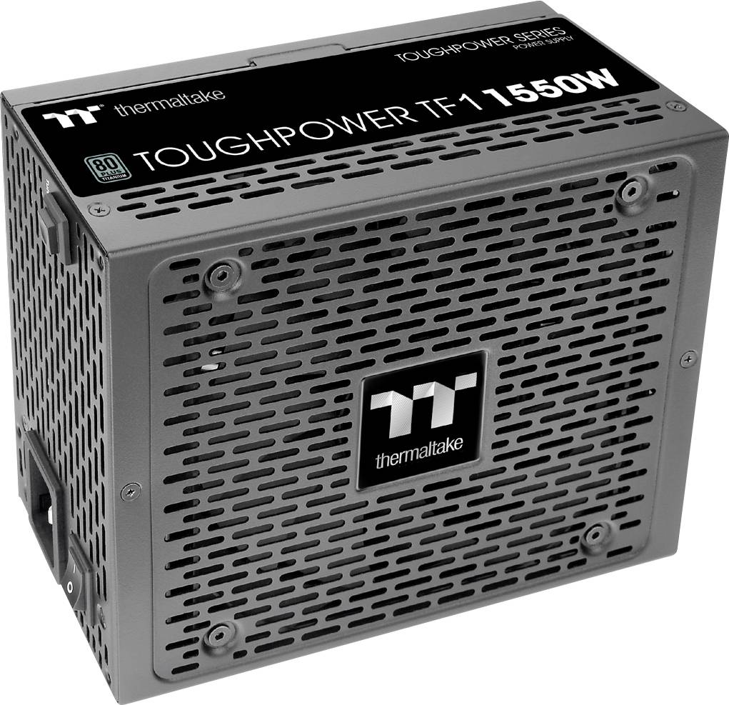 Čierna počítačová napájacia jednotka 'TOUGHPOWER TF1 1550W' od spoločnosti Thermaltake s vrúbkovaným kovovým povrchom a logom na boku.
