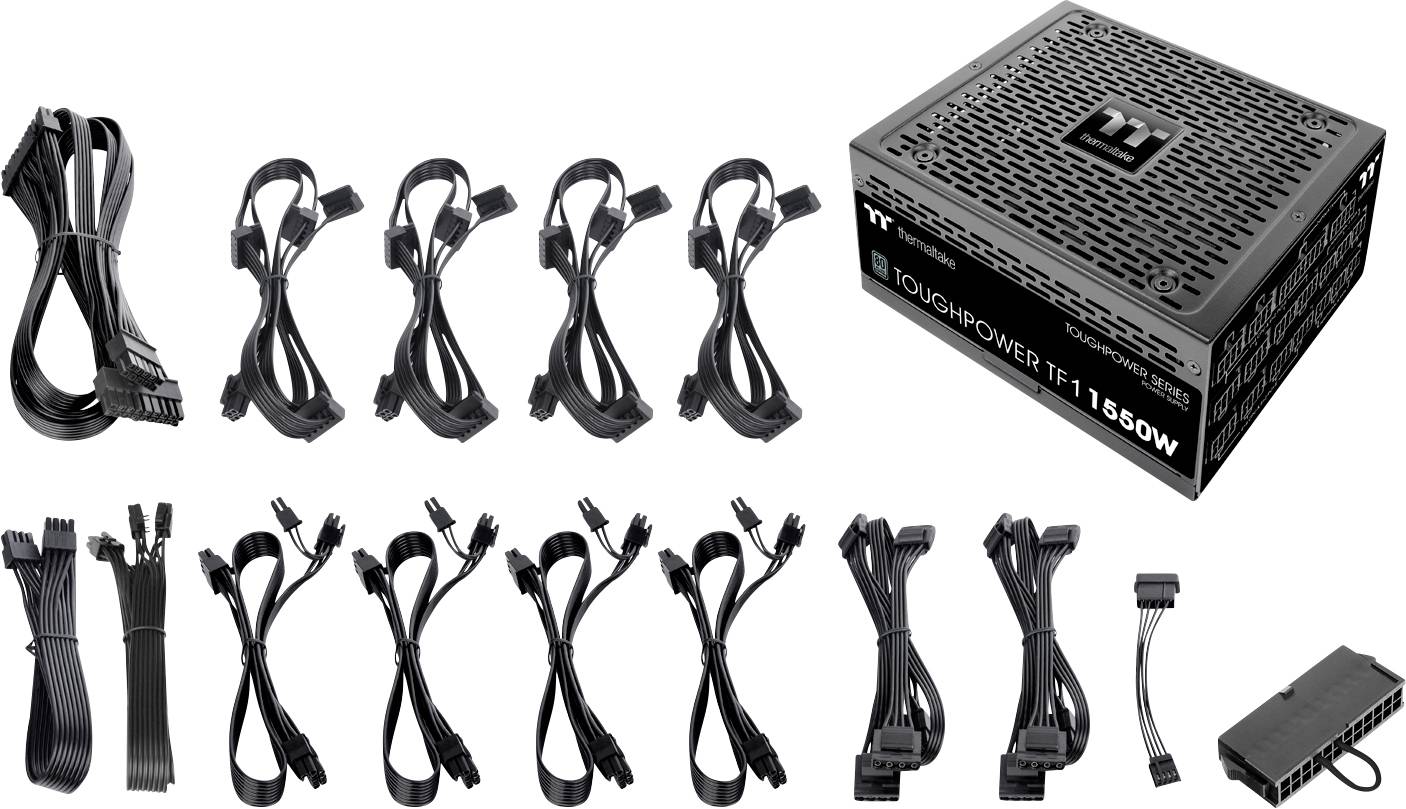 Sieťový zdroj Thermaltake Toughpower TF1 1550W s rôznymi káblami a konektormi, vhodný pre počítačové komponenty.
