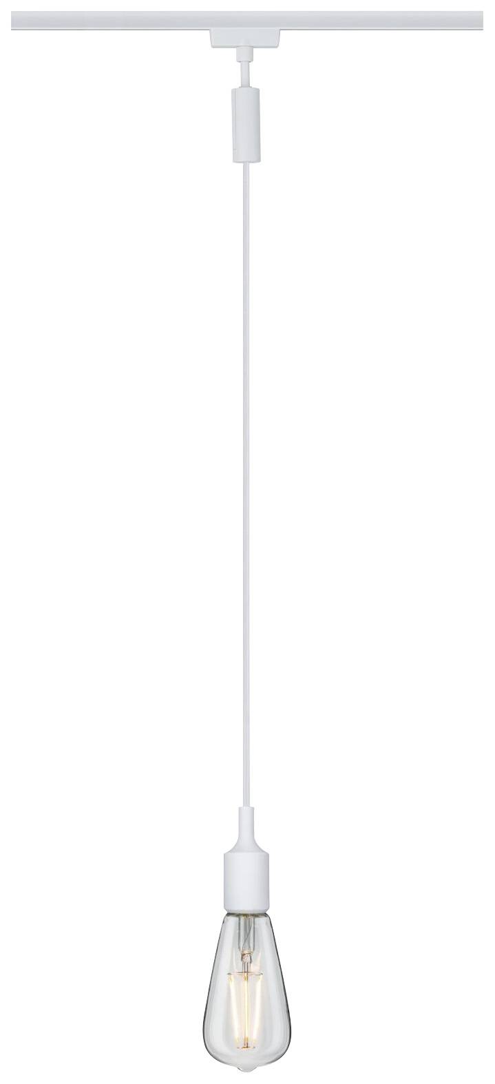 Biela závesná lampa s priehľadným tienidlom žiarovky visí zo stropu, má jednoduché dizajnové riešenie a je vhodná do moderných interiérov.
