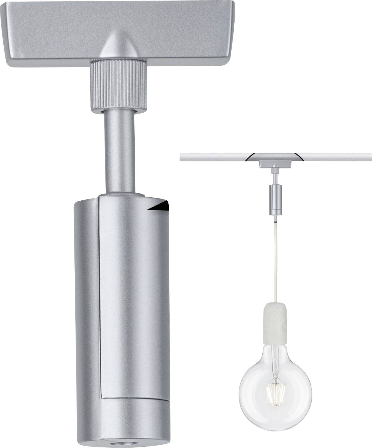 Valcový adaptér do kolejnice, strieborný, prepojený s priehľadnou žiarovkou na bielom kábli. Ideálny pre koľajnicové osvetlenie.