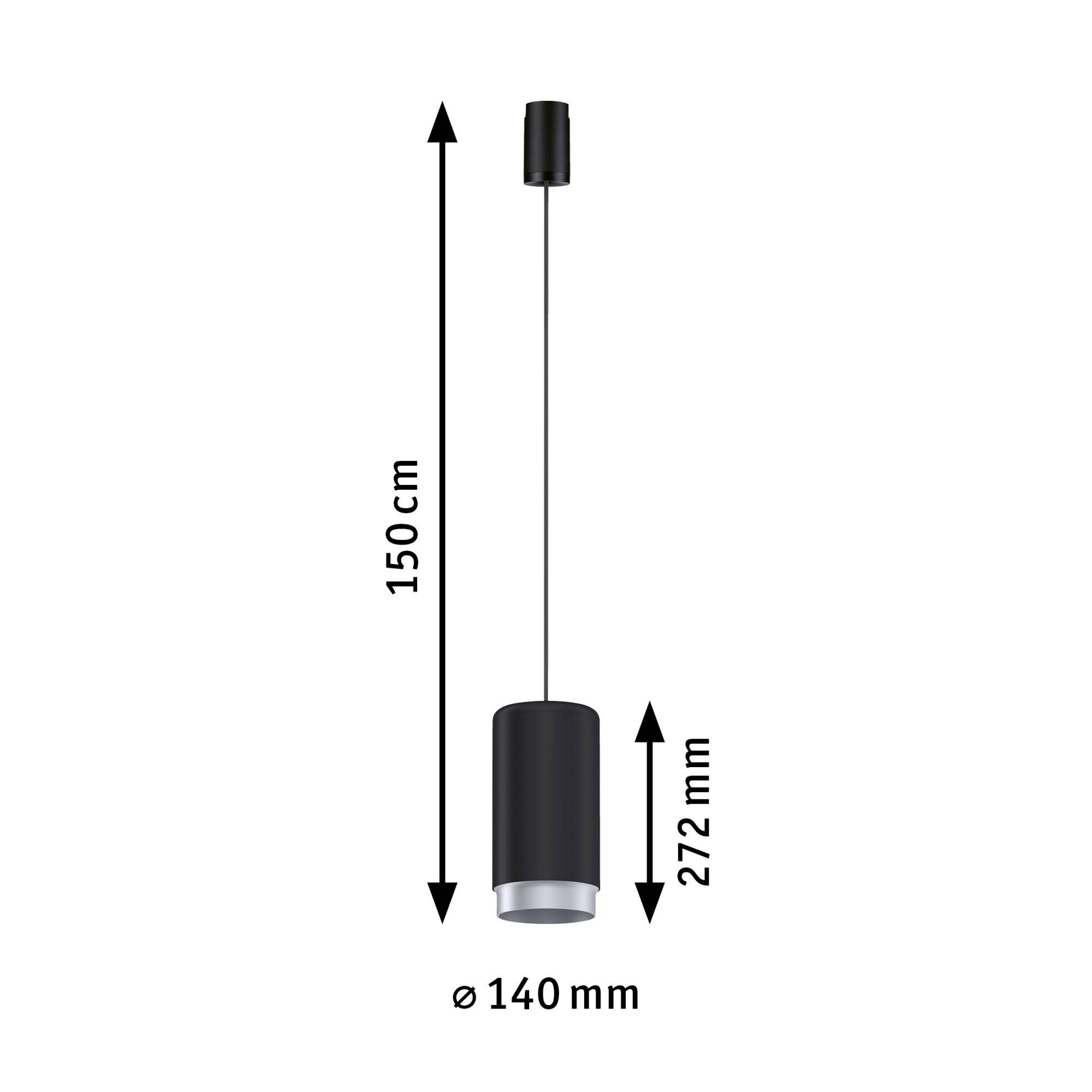 Závesné svietidlo s čiernym valcovitým tienidlom, celková dĺžka 150 cm, výška tienidla 272 mm, priemer 140 mm.