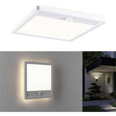 Dva štvorcové LED svietidlá: hore stropná lampa, dole nástenná lampa na stene domu, obe s integrovaným pohybovým senzorom.