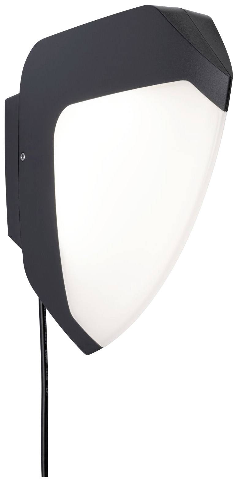 Moderná, čierna nástenná lampa so zaobľovaným dizajnom a bielym difúzorom svetla, vhodná pre vnútorné aj vonkajšie použitie.