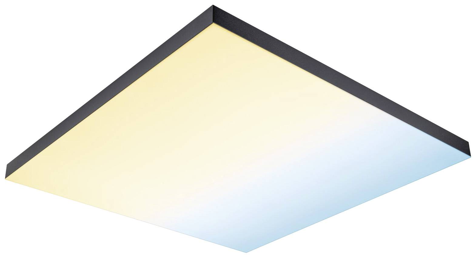 Obdĺžnikový LED panel s jemným farebným prechodom od teplej žltej po studený modrý, lemovaný tmavým okrajom.