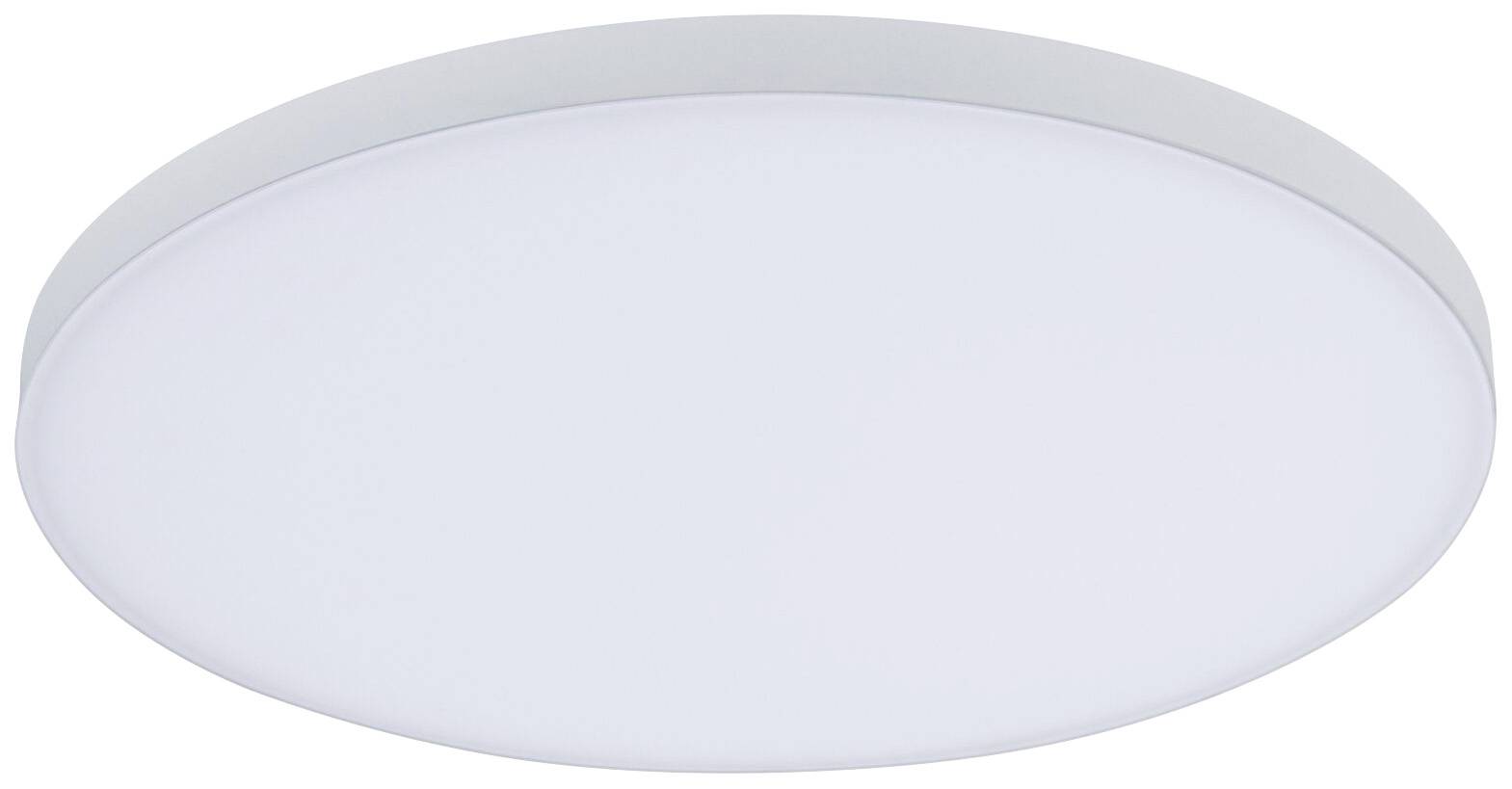 Okruhle, ploché stropné svietidlo s bielym povrchom; moderný dizajn, vhodné do obytných alebo kancelárskych priestorov.