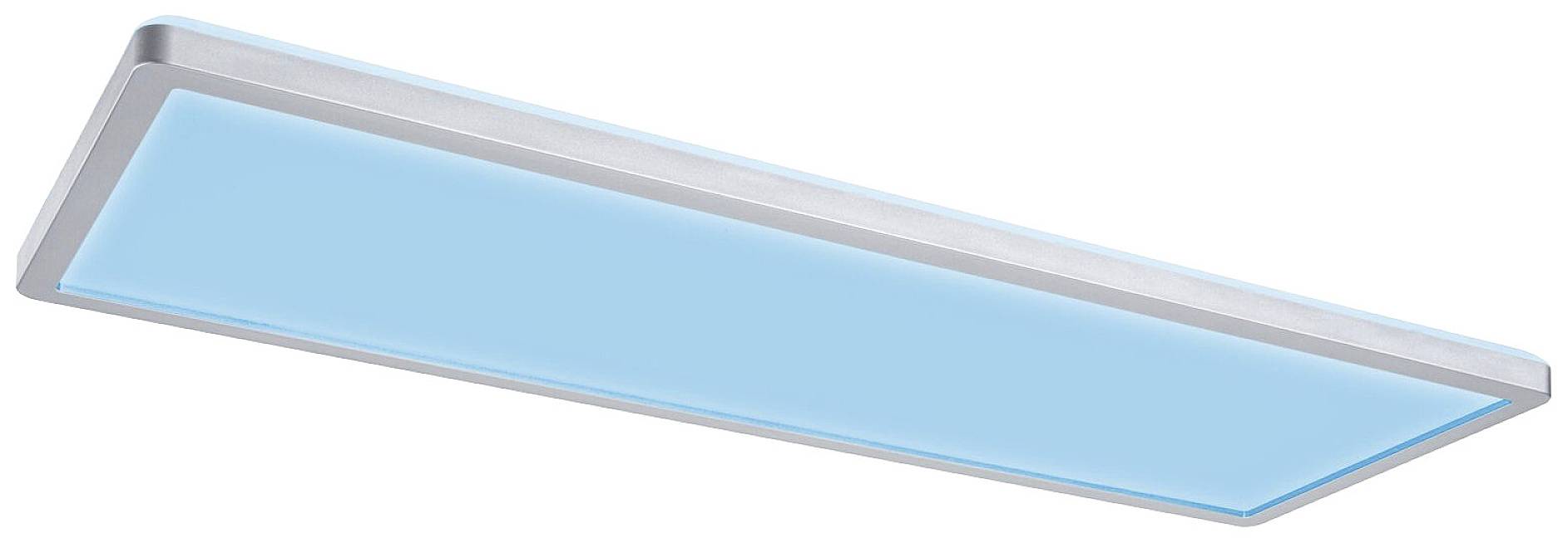 Obdĺžnikový, plochý svetelný panel svieti modrou farbou. Je moderne navrhnutý a zdá sa vhodný na montáž na strop.