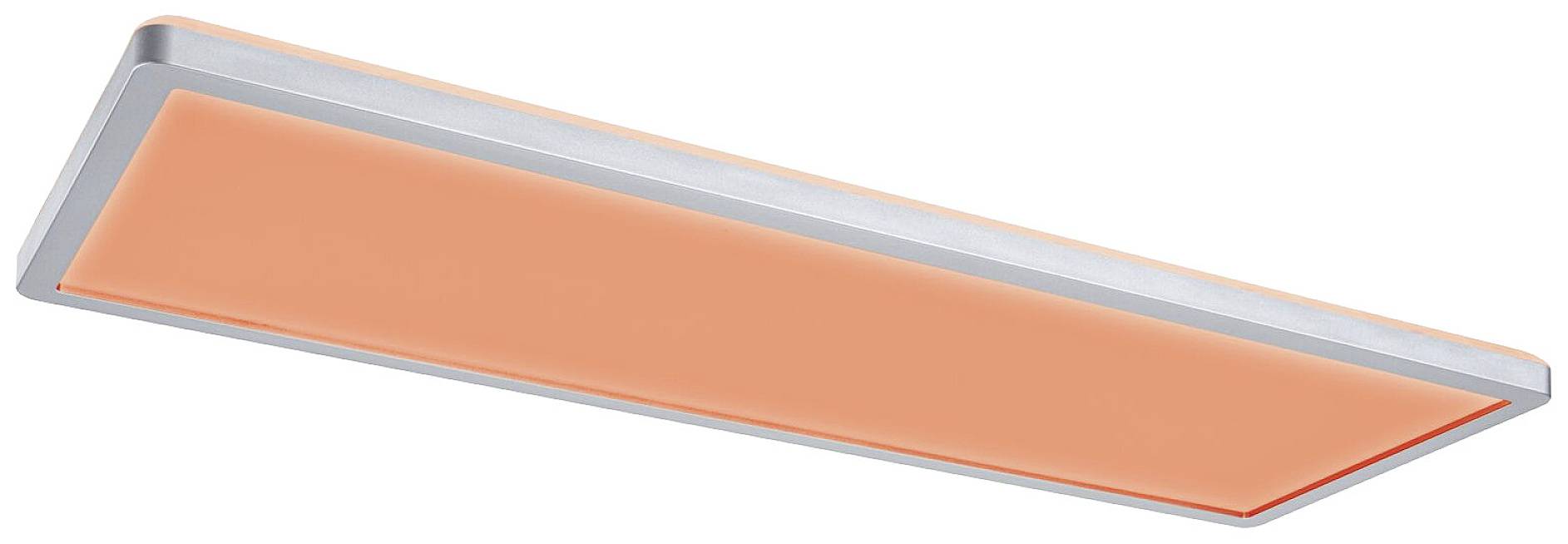 Obdĺžniková LED stropná lampa s oranžovým svetelným panelom, strieborným rámom, zavesená na strope.