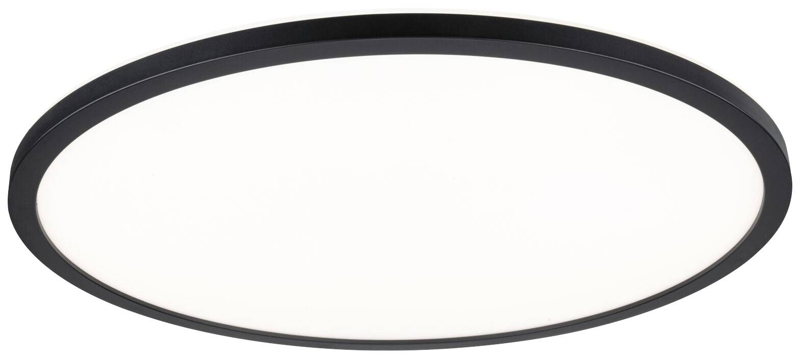 Okrúhle, ploché stropné svietidlo s čiernym rámom a bielym difúzorom svetla, vhodné do moderných interiérov.