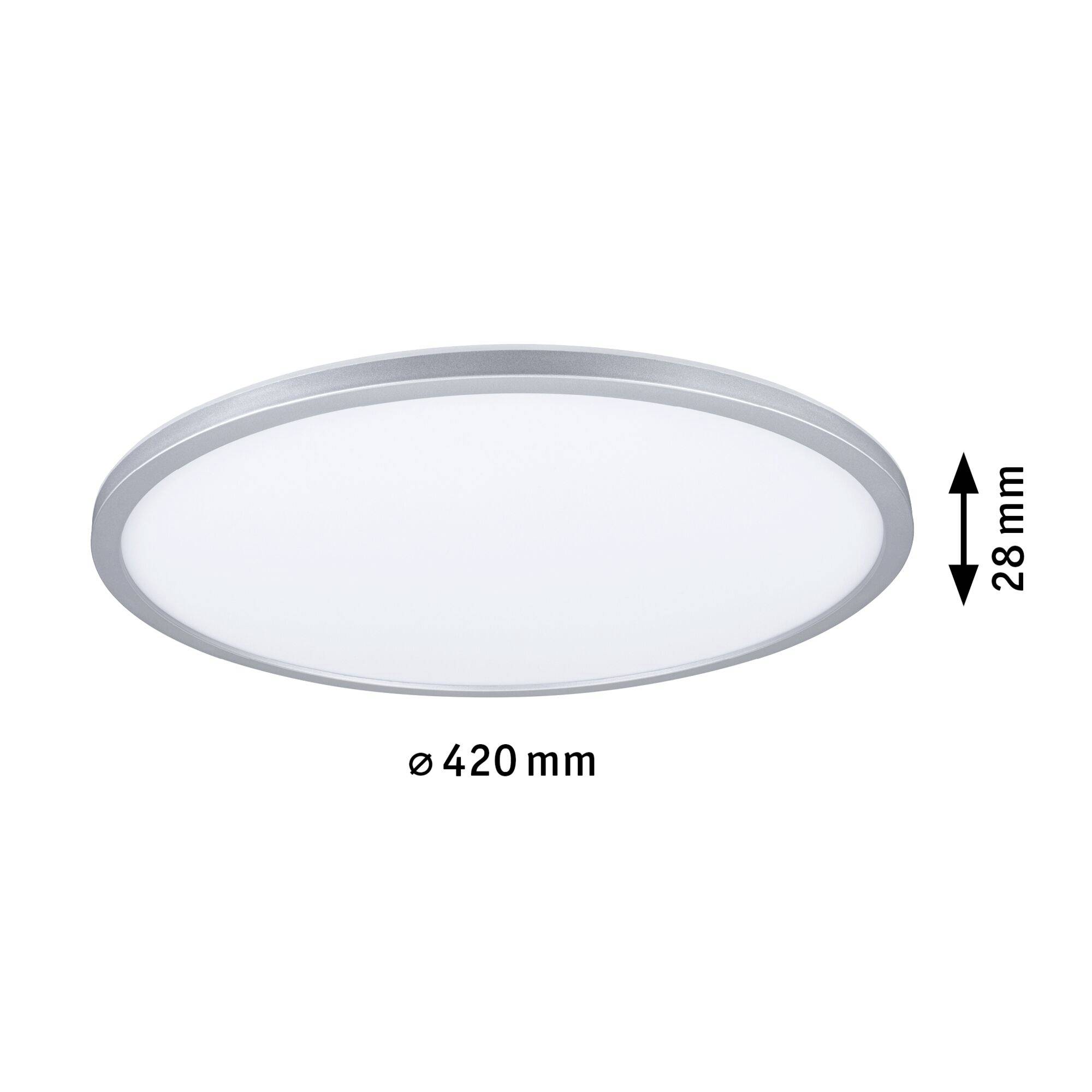 Okrúhle LED stropné svietidlo s priemerom 420 mm a výškou 28 mm.