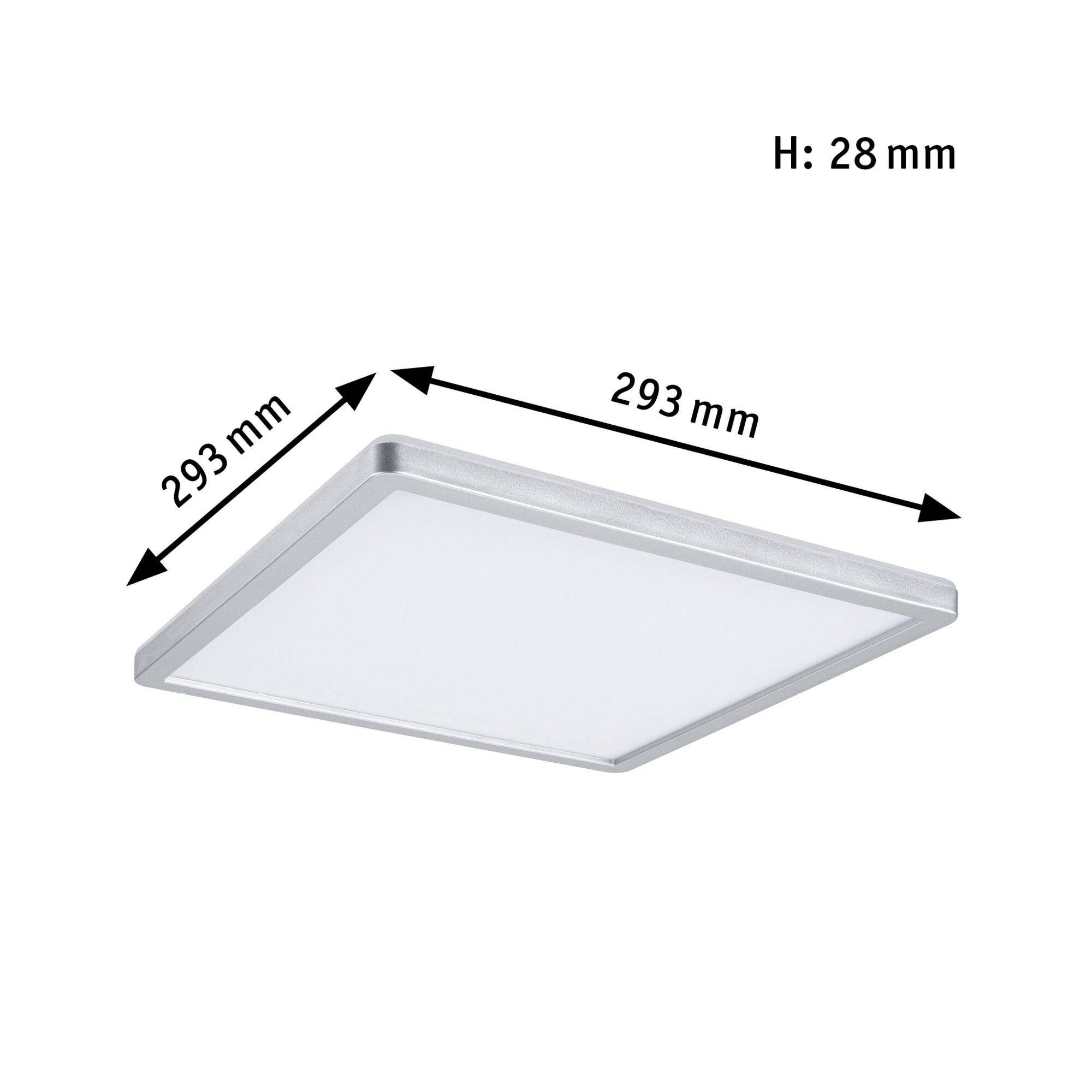 Štvorcové LED svietidlo s rozmermi 293 mm x 293 mm x 28 mm.