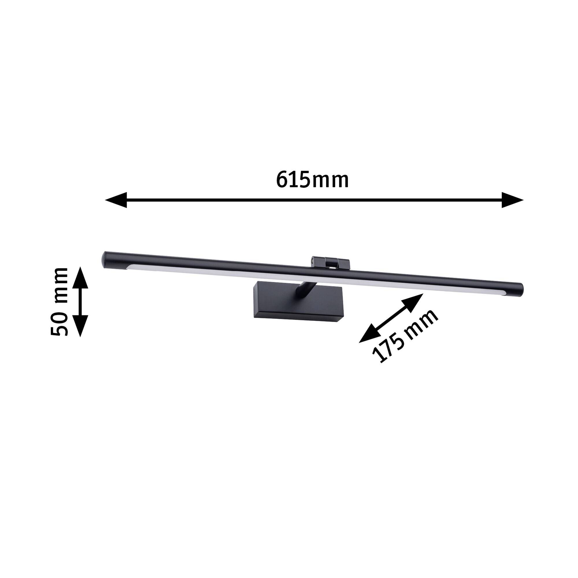 Obrázok zobrazuje čierne nástenné svietidlo s rozmermi 615 mm dĺžky a 50 mm výšky. Hĺbka je 175 mm.