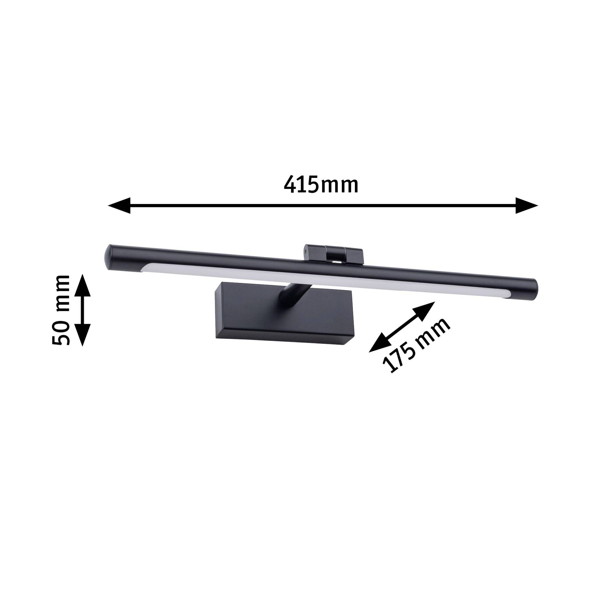 Čierna matná LED lampa do kúpeľne s rozmermi: šírka 415 mm, výška 50 mm, vzdialenosť od steny 175 mm. Vhodná na zavesenie na stenu.