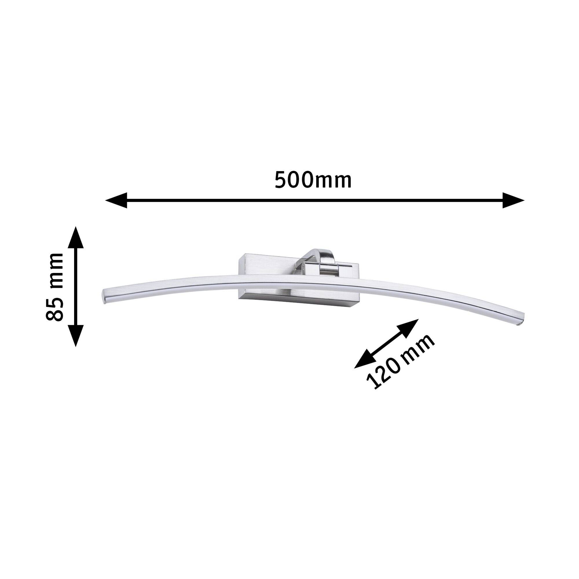 LED-nástenné svietidlo s moderným zakrivením; rozmery: šírka 500 mm, výška 85 mm, hĺbka 120 mm; ideálne na osvetlenie zrkadla.