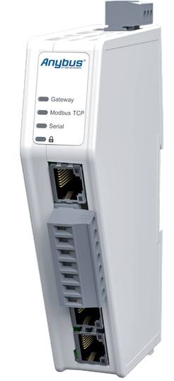 Anybus komunikačný modul s ethernetovými a sériovými portmi. Označený štítkami 'Gateway', 'Modbus TCP', 'Sériový'.