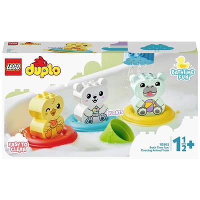 Krabica hračky LEGO DUPLO zobrazuje tri plávajúce zvieracie figúrky vo vani: kačku, medveďa a hroch. Vhodné pre deti od 1,5 roka.