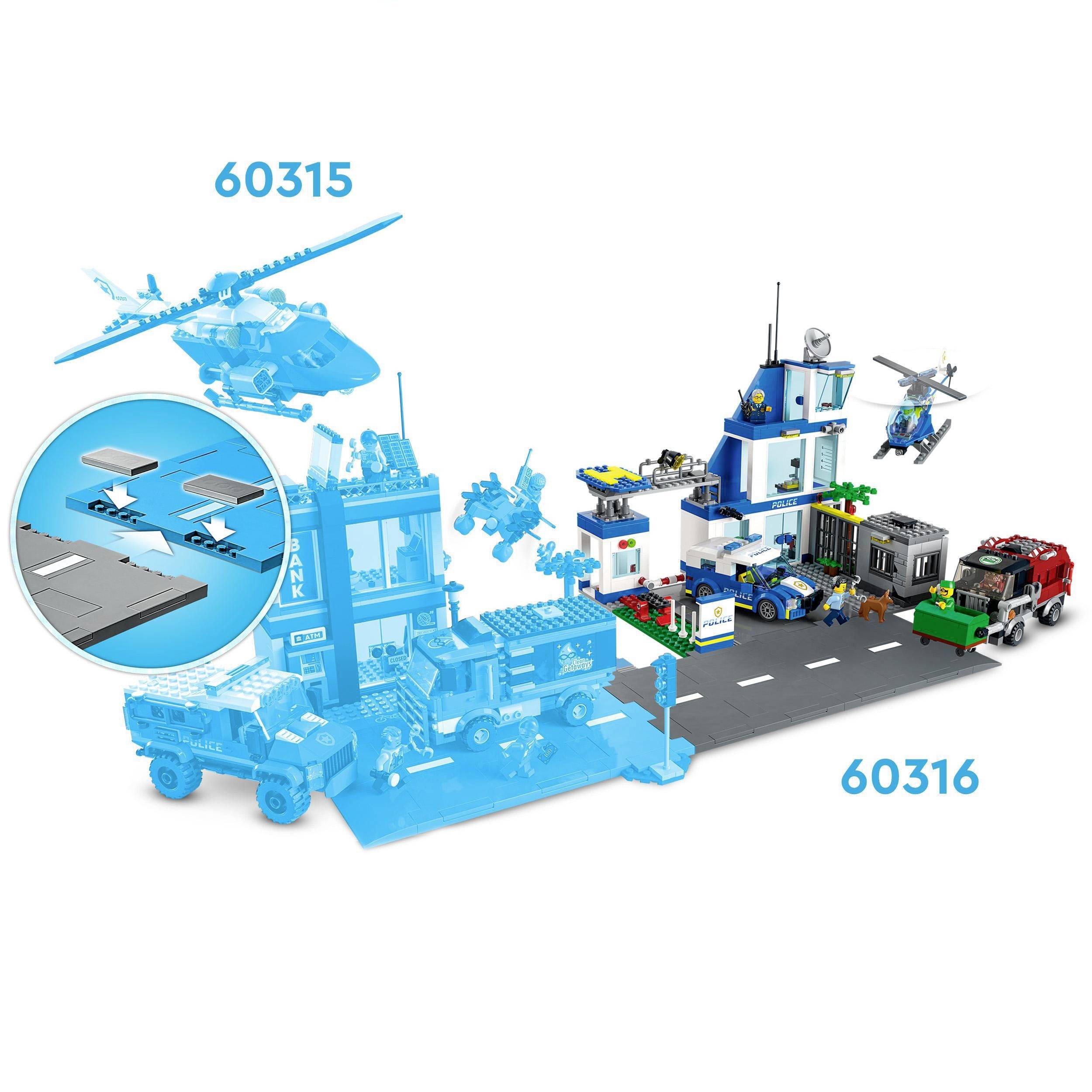 Súprava 'Lego City' s vrtuľníkom, veľkým nákladným autom, riadiacou vežou a cestnými modulmi. Dve katalógové čísla sád: 60315 a 60316.