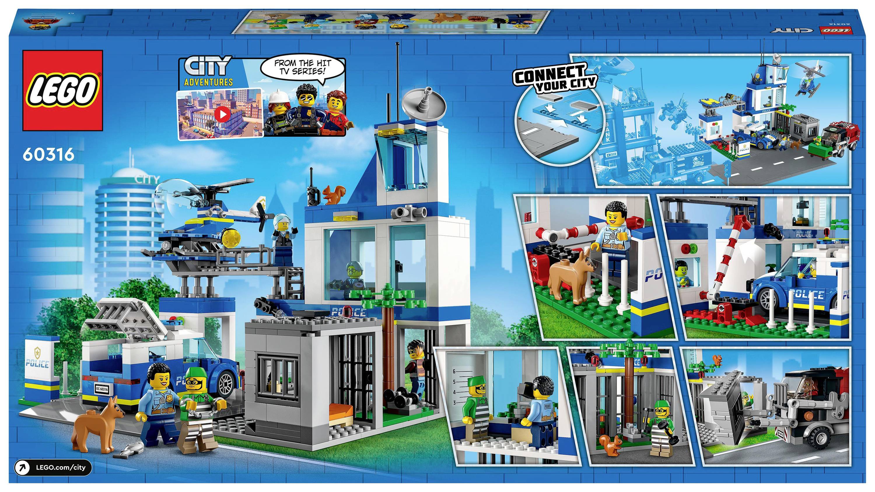 Tento LEGO obal zobrazuje policajnú stanicu so sadou vrátane vrtuľníka, väzenskej cely a niekoľkých minifigúrok pri hre.