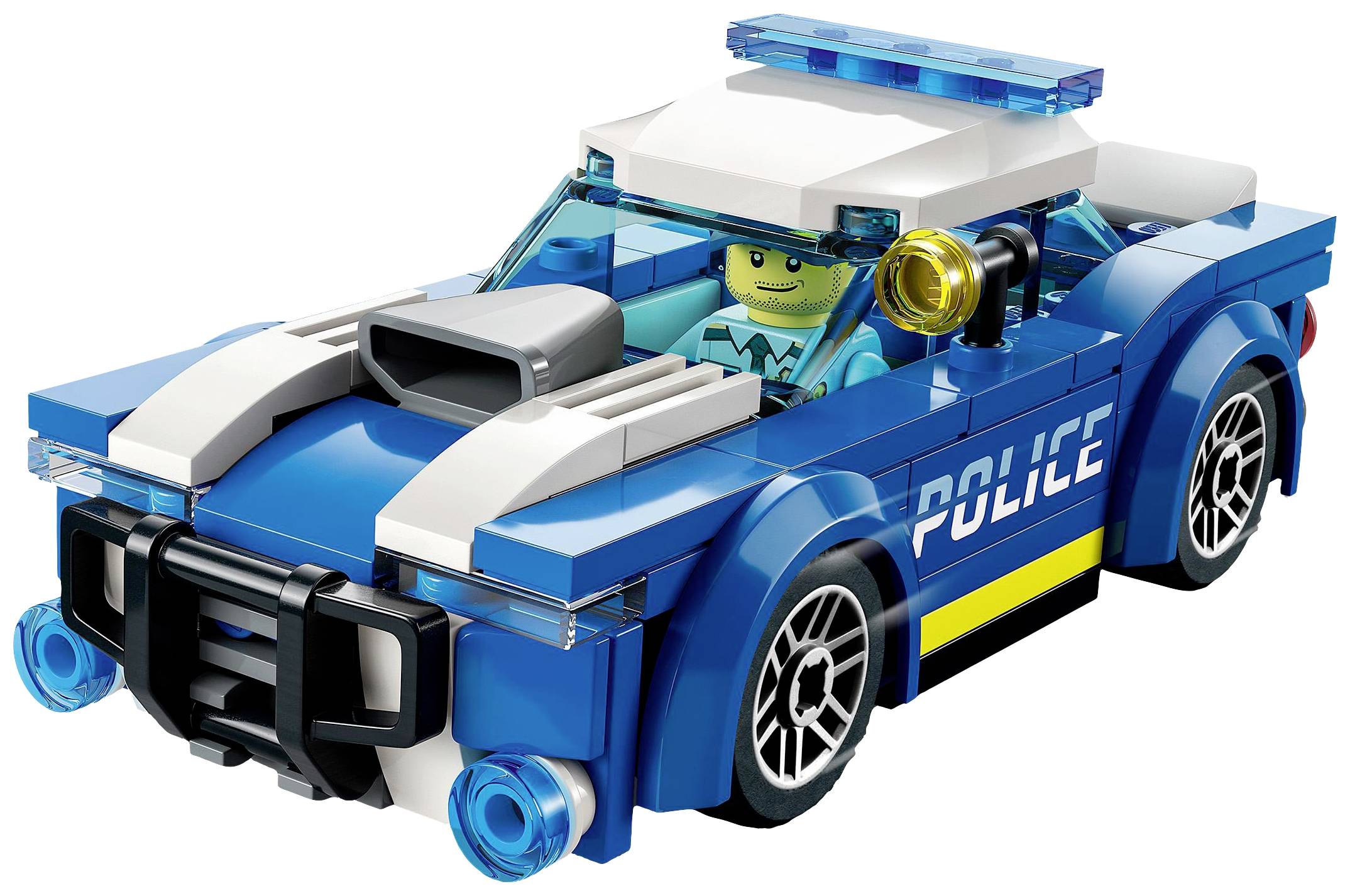 Hračkárske policajné auto zo stavebných kociek s smiešnym vodičom, v modrej a bielej farbe, s žltým nápisom 'POLICE'.