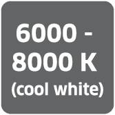 6000 - 8000 K (studená biela) v čiernom písme na sivom pozadí.