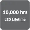 „10.000 hodín životnosti LED" je napísané čiernym písmom na sivom pozadí.