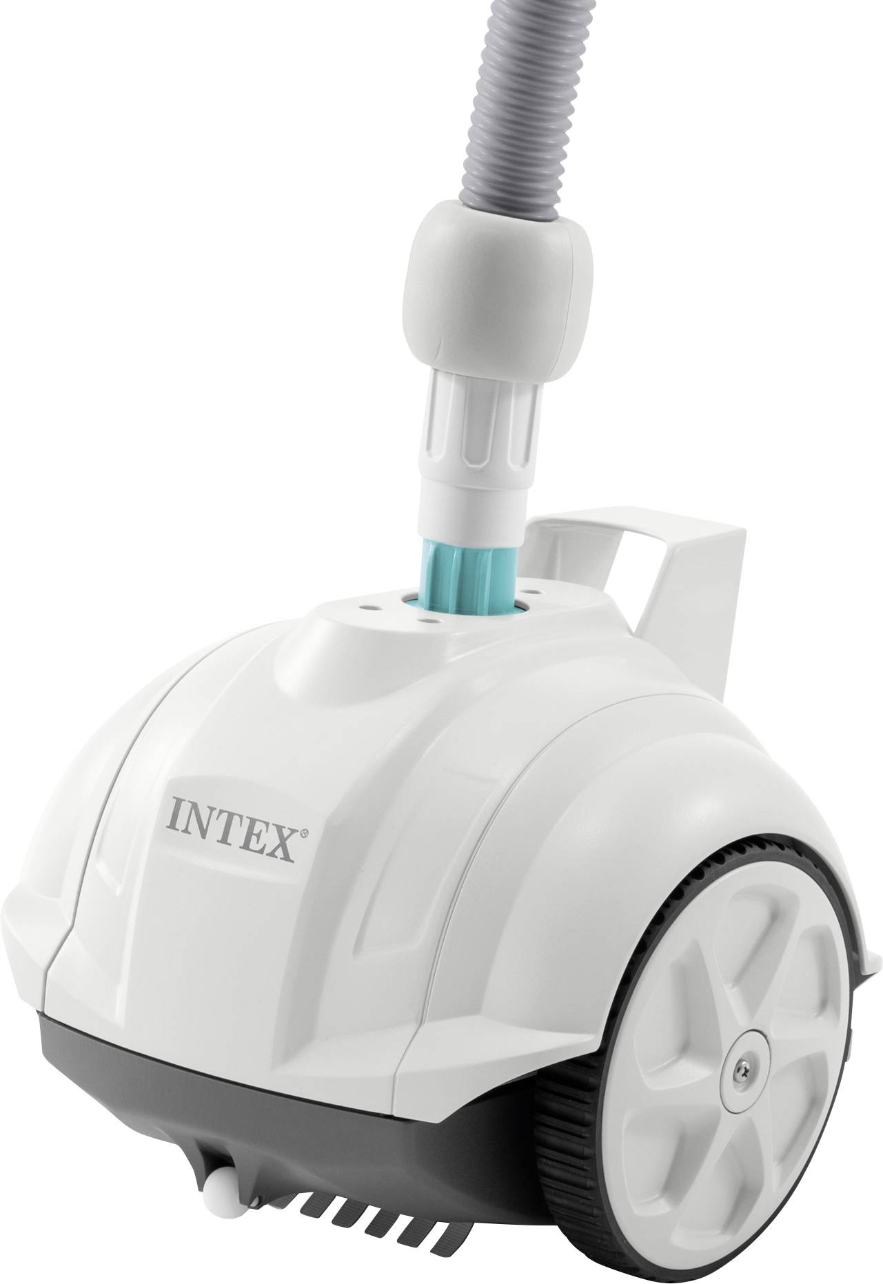 Biely čistič bazéna so sivou hadicou, značka 'Intex', určený na automatické čistenie bazénov.