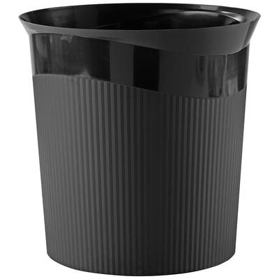 Čierny, rebrovaný odpadkový kôš s mierne skoseným okrajom, vhodný do kancelárií alebo domácností.