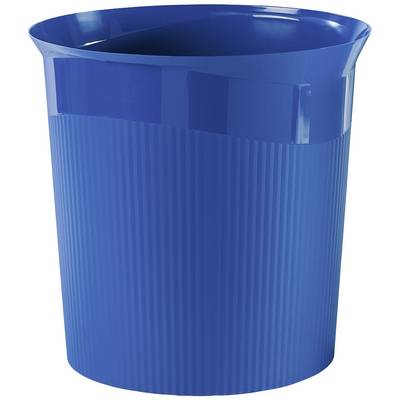 Modrý, rebrovaný plastový vedierka so zahnutým okrajom.