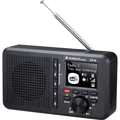 Čierne prenosné rádio s teleskopickou anténou, na displeji zobrazuje: 'Rádio 2 - Počúvate - dab+'. Tlačidlá vľavo, otočný gombík vpravo.